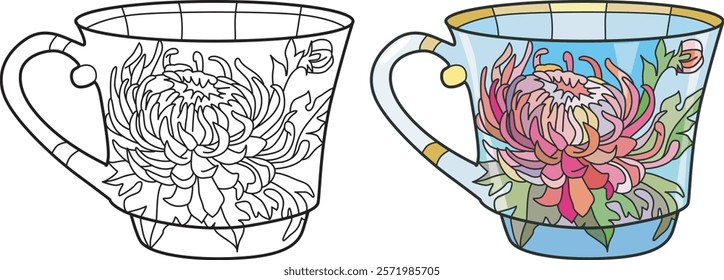 Decorative Vintage Teacup Hand Drawn Illustration for coloring