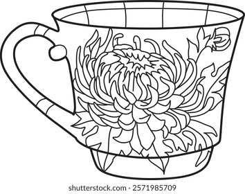 Decorative Vintage Teacup Hand Drawn Illustration for coloring