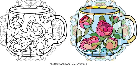 Decorative Vintage Teacup Hand Drawn Illustration for coloring