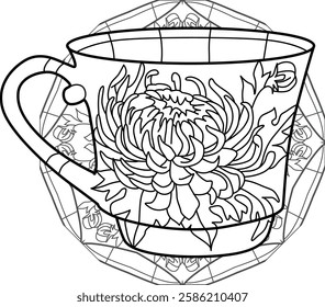 Decorative Vintage Teacup Hand Drawn Illustration for coloring on mandala