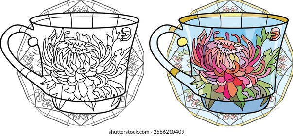 Decorative Vintage Teacup Hand Drawn Illustration for coloring on mandala