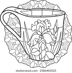 Decorative Vintage Teacup Hand Drawn Illustration for coloring on mandala