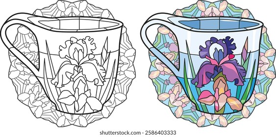 Decorative Vintage Teacup Hand Drawn Illustration for coloring on mandala