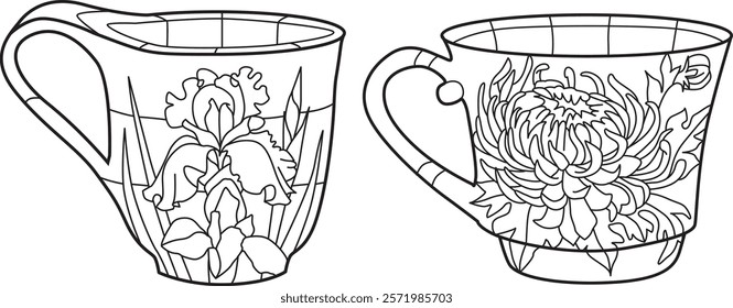 Decorative Vintage Teacups. Hand Drawn Illustration