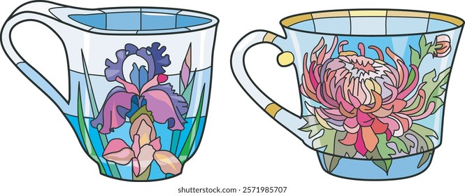 Decorative Vintage Teacups. Hand Drawn Illustration