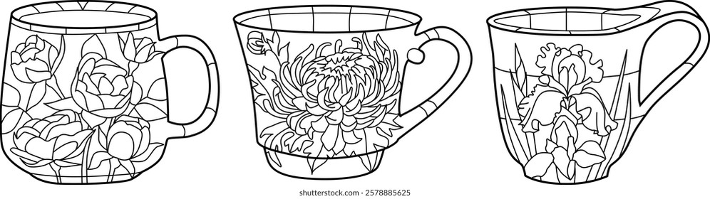 Decorative Vintage Teacups. Hand Drawn Illustration