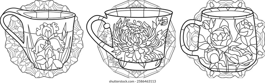 Decorative Vintage Teacups. Hand Drawn Illustration