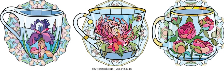 Decorative Vintage Teacups. Hand Drawn Illustration