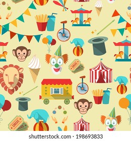 Decorative vintage travelling circus chapiteau tent with clown magical wand seamless tileable wrap paper pattern vector illustration