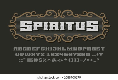 Decorative vintage wide bold serif font with vignette frame on dark background. Eps8. RGB. Global colors