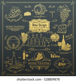 Decorative vintage wine icons. Golden design for wine shop. Vector design elements of wine and calligraphy swirl for the design of wine labels cards brochures.