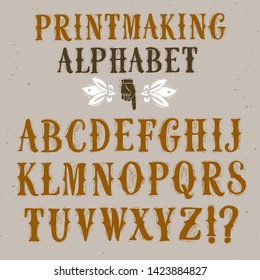 Decorative Vintage Wood Block Print Style Vector Font With Grungy Texture. Hand Drawn Old Style Alphabet For Your Design.
