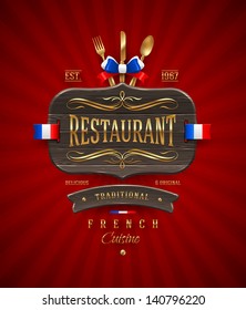 Decorative vintage wooden sign of French restaurant with golden decor and lettering - vector illustration