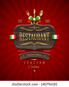 Decorative vintage wooden sign of Italian restaurant with golden decor and lettering - vector illustration