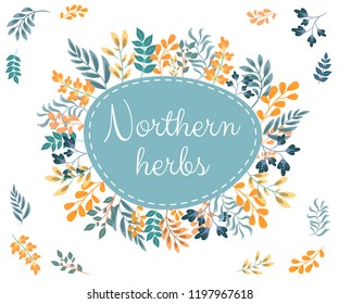 Decorative vintage wreath. Flower vector frame, northern herbs. Card, print on a white background.