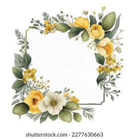 Decorative vintage yellow roses and bud with leaves in square shape. Vector set of blooming flower for your design. Adornment for wedding invitations and greeting card.