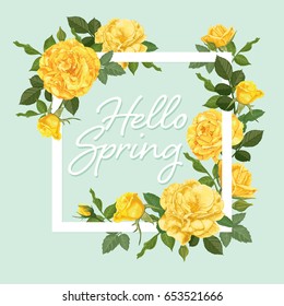 Decorative vintage yellow roses and bud with leaves in square shape. Vector set of blooming flower for your design. Adornment for wedding invitations and greeting card.