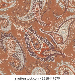 Decorative vintage-style paisley seamless pattern with intricate floral and botanical details. Vector illustration in warm earth tones, perfect for textiles, wallpapers, and packaging.