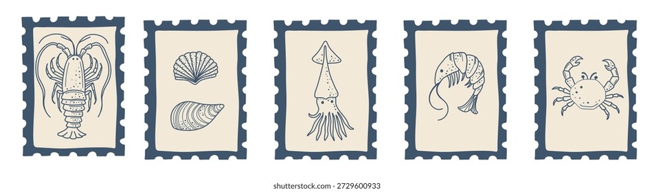 Sellos postales decorativos de estilo vintage con Elementos de mariscos. Conjunto de inspiración costera adecuado para embalajes, branding, carteles y proyectos creativos.