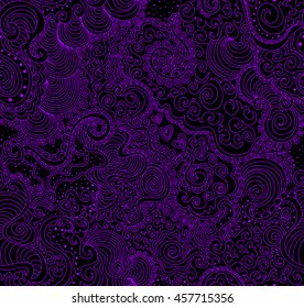 Decorative violet abstract vector seamless pattern with wavy curling lines, doodles, floral ornaments and shapes
