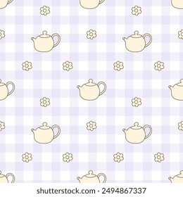 Decorative violet checkers and simple kettle seamless pattern. Vector cute doodle hand drawn illustration.Repeating design for printing wrapping paper, fabric, textile, wallpaper.