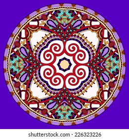 decorative violet colour design of circle dish template, round geometric pattern, vector illustration