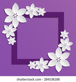 Decorative Violet Papercut Border With White Paper Flowers. 3D Paper Composition On Lilac Background. Vector EPS 10