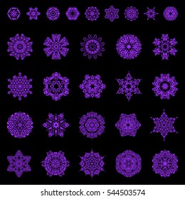 Decorative violet snowflakes set. Vector illustration. Vector sketch on black background for Christmas.