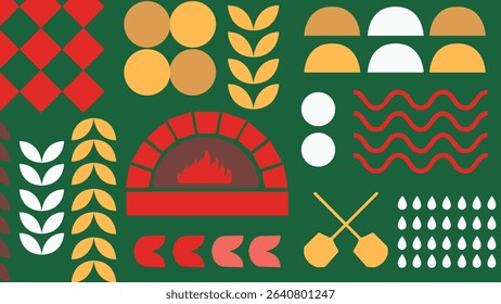 A decorative visual with pizza slices, ingredients, and bold icons on cream. Great for menu layouts, food branding, and vector illustrations.
