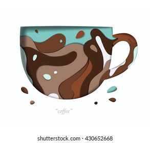 Decorative vivid cup carved on white paper with brown abstract graphics on the background