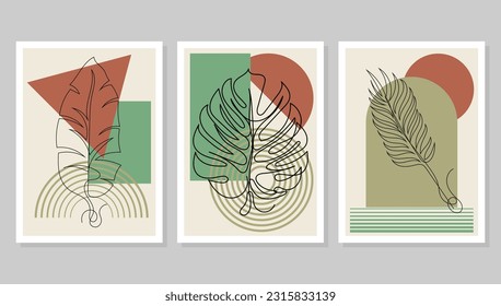 Forma geométrica del arte de la pared decorativa con arte de la línea de la hoja tropical