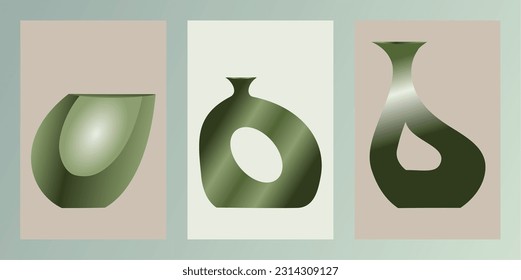Arte de pared decorativo. Ilustración de jarrones decorativos gradientes. Marco con artes abstractas. Fondo Verde, Verde Oscuro, Degradado Salmón