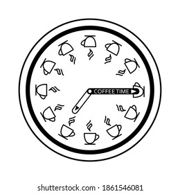Decorative wall clock with coffee cup dividers and hands indicating time. Outline illustration for decorative use