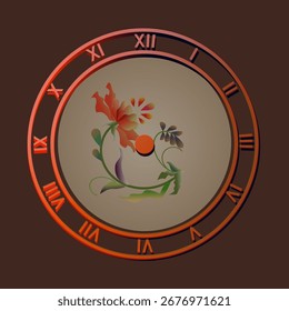 Decorative wall clock with tulips and leaves, floral style with roman numerals, perfect for design, decoration, greeting cards, calendars, posters and interior projects with flowers
