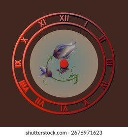 Decorative wall clock with tulips and leaves, floral style with roman numerals, perfect for design, decoration, greeting cards, calendars, posters and interior projects with flowers