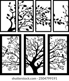 Decorative wall panel set, Vector laser cut cnc panel. Set of silhouette cutout design. Floral wall decor with branch, leaves, flower, Metal, paper or wood carving panel. 