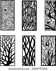 Decorative wall panel set, Vector laser cut cnc panel. Set of silhouette cutout design. Floral wall decor with branch, leaves, flower, Metal, paper or wood carving panel. 