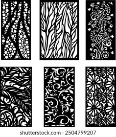 Decorative wall panel set, Vector laser cut cnc panel. Set of silhouette cutout design. Floral wall decor with branch, leaves, flower, Metal, paper or wood carving panel. 