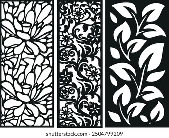 Decorative wall panel set, Vector laser cut cnc panel. Set of silhouette cutout design. Floral wall decor with branch, leaves, flower, Metal, paper or wood carving panel. 