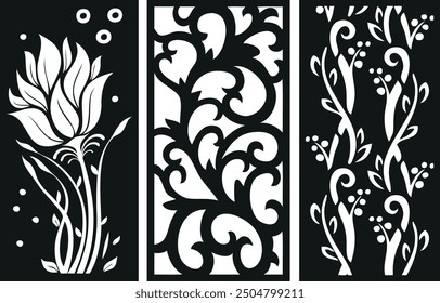 Decorative wall panel set, Vector laser cut cnc panel. Set of silhouette cutout design. Floral wall decor with branch, leaves, flower, Metal, paper or wood carving panel. 