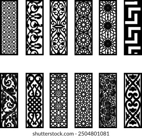 Decorative wall panel set, Vector laser cut cnc panel,Hexagonal islamic patterns, Set of silhouette cutout design. Floral wall decor with branch, leaves, flower, Metal, paper or wood carving panel.