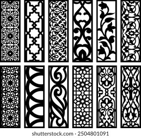 Decorative wall panel set, Vector laser cut cnc panel,Hexagonal islamic patterns, Set of silhouette cutout design. Floral wall decor with branch, leaves, flower, Metal, paper or wood carving panel.