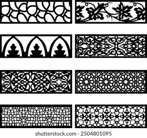 Decorative wall panel set, Vector laser cut cnc panel,Hexagonal islamic patterns, Set of silhouette cutout design. Floral wall decor with branch, leaves, flower, Metal, paper or wood carving panel.