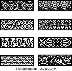 Decorative wall panel set, Vector laser cut cnc panel,Hexagonal islamic patterns, Set of silhouette cutout design. Floral wall decor with branch, leaves, flower, Metal, paper or wood carving panel.