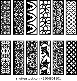 Decorative wall panel set, Vector laser cut cnc panel,Hexagonal islamic patterns, Set of silhouette cutout design. Floral wall decor with branch, leaves, flower, Metal, paper or wood carving panel.