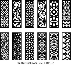 Decorative wall panel set, Vector laser cut cnc panel,Hexagonal islamic patterns, Set of silhouette cutout design. Floral wall decor with branch, leaves, flower, Metal, paper or wood carving panel.