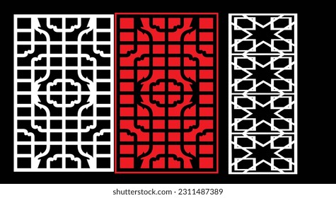 Decorative wall panels set Jali design CNC pattern, laser cutting pattern, router CNCcutting.Jali Laser cut decorative panel set with lace pattern.