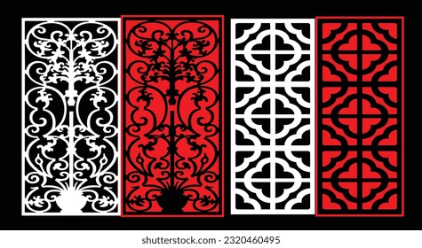 Decorative wall panels set Jali design CNC pattern, laser cutting pattern, router CNCcutting.Jali Laser cut decorative panel set with lace pattern.