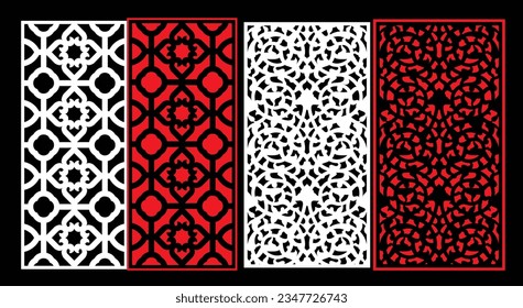 Decorative wall panels set Jali design CNC pattern, laser cutting pattern, router CNCcutting.Jali Laser cut decorative panel set with lace pattern.