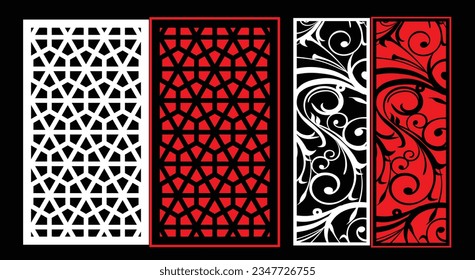 Decorative wall panels set Jali design CNC pattern, laser cutting pattern, router CNCcutting.Jali Laser cut decorative panel set with lace pattern.